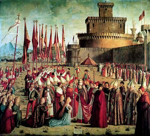 De Pelgrims worden ontmoet door Paus Cyriacus voor de Muren van Rome De Legende van Sint Ursula, 1497