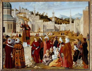 De voorspelling van St. Stefanus in Jeruzalem Schilderij deel van een serie uitgevoerd voor de kapel van de Scuola di Santo Stefano in Venetië. Schilderij door Vittore Carpaccio (1450/54-1525/26) door Vittore Carpaccio