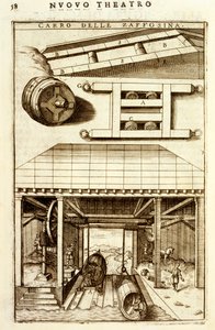 Paardgedreven hydraulische katrolmechanisme voor het verplaatsen van goederen tussen land en water, 1607