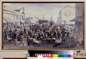 De vlooienmarkt in Moskou (Rusland). Straatscène met mensen in vuile en versleten kleding, sommigen eten aan tafels voor een kraam, anderen bekijken de aangeboden goederen.