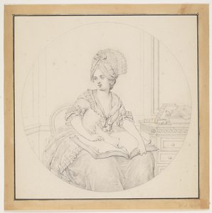 Jonge dame, bladerend in een folianten, die op haar schoot ligt door W.A. Müller