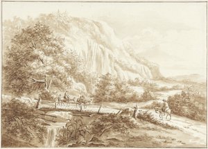 Berglandschap met reizigers op ezels, die een houten brug oversteken
