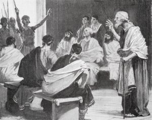 Romulus brengt nieuws aan zijn grootvader dat hij weer koning van Alba was (litho) door W.R.S. (after) Stott