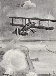 Squadron-Leider Richard Davies en Flight-Lieutenant Richard Peirse die bommen laten vallen op het onderzeebootstation in Zeebrugge onder zwaar vuur, 23 januari 1915 door W. Avis