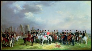 De Wiltshire Grote Coursing Bijeenkomst Gehouden in Amesbury, 16, 17, 18, 19 en 20 Maart, 1847, Met Stonehenge op de Achtergrond, 1847 door W. Barraud