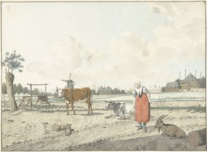 Landschap met boerin en vee