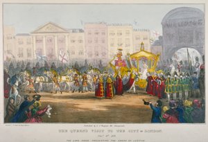 Uitzicht op Temple Bar tijdens het bezoek van koningin Victoria aan de City of London in 1837 door W Clerk