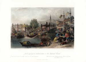 Junks die een hellend vlak passeren op het Keizerlijk Kanaal, China, ca. 1840 door W Floyd
