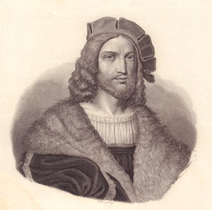 Portret van Italiaanse dichter Antonio Tebaldeo (1463-1537), kopergravure naar schilderij door Raphael