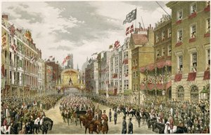Processie op de Strand, Temple Bar, Strand, Londen, VK (kleurgravure) door W. H. Russell