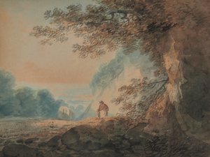 Landschap, boom in de rechter voorgrond, kar en figuren van vrouw en kind door W Payne