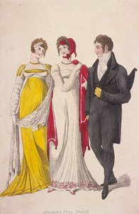 Twee vrouwen en een man in avondkleding, ca. 1810