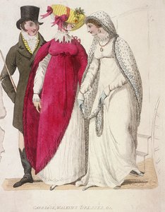 Twee vrouwen in wandeljurken vergezeld door een man, ca. 1810