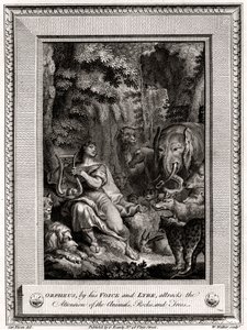 Orpheus, door zijn stem en lier, trekt de aandacht van de dieren, rotsen en bomen, 1774 door W. Walker