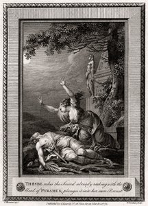 Thisbe neemt het zwaard dat al druipt van het bloed van Pyramus en steekt het in... door W. Walker