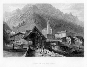 Dorp Splugen, Zwitserland, 1834 door W. Wallis