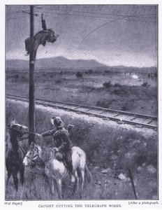 Betrapt bij het doorsnijden van de draden, illustratie uit Na Pretoria: De Guerrillaoorlog, 1902 door Wal Paget