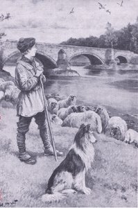 Het zicht op de oude Romeinse brug bij Musselburgh prikkelt de verbeelding van John Rennie de herdersjongen, uit Mijn Tijdschrift, pub.1922 door Wal Paget