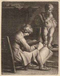 Jonge kunstenaar met een standbeeld van Cupido door Wallerant Vaillant