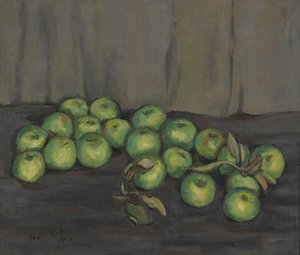 Groene Appels met Grijs Gordijn