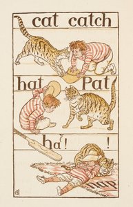 Een jongen die met een kat speelt. Illustratie in 