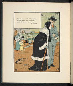 Een man met zijn moeder op het strand door Walter Crane