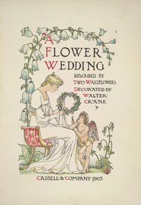 Een zittende vrouw die een krans vasthoudt; een engel die naar haar opkijkt door Walter Crane