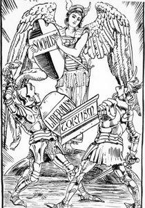 Allegorie van Walter Crane: Socialisme triomfeert hard in de strijd tussen liberalisme en Toryisme (Engelse Conservatieve Partij). Gravure uit het einde van de 19e eeuw door Walter Crane