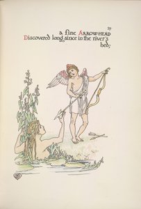 Een engel die een pijl vasthoudt, en een dame in een rivier of meer door Walter Crane