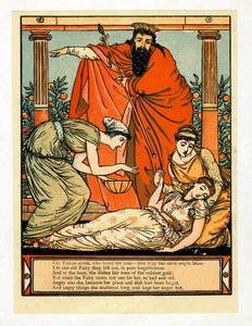 En ze valt neer in een doodslaap, uit Het Blauwbaard Prentenboek, uitgegeven 1879 door Walter Crane