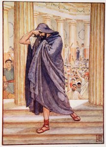 Hij verliet de vergadering met zijn gezicht verborgen in zijn mantel, illustratie uit Het verhaal van Griekenland door Mary Macgregor, eerste editie, 1913