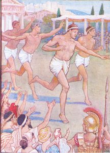 In de vroegste tijden was een eenvoudige hardloopwedstrijd het enige evenement, illustratie uit Het Verhaal van Griekenland, 1930s