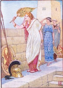 Vaak stond ze op de muren van Troje, illustratie uit Het Verhaal van Griekenland, 1930s door Walter Crane