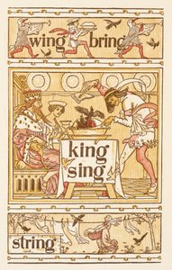 Rijmwoorden eindigend op de letter G. Merels in een taart. Een waslijn. The Golden primer. door Walter Crane