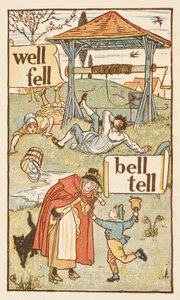 Rijmwoorden eindigend op de letter L. Een jongen met een bel. Een oude vrouw en haar kat. De Gouden primer. door Walter Crane