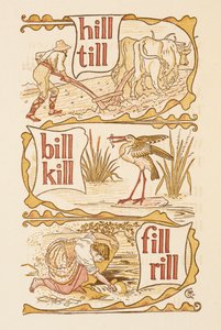 Rijmwoorden eindigend op de letter L. Ploegen. Een ooievaar. De Gouden primer. door Walter Crane