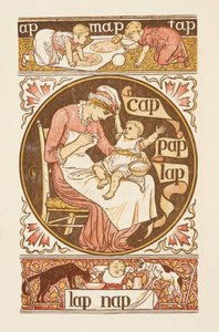 Rijmwoorden eindigend op de letter P. Een illustratie, die een vrouw toont die een kind voedt. The Golden primer.