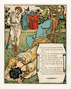 De reus breekt zijn nek, uit Het Blauwbaard Prentenboek, pub. 1879 kleur lithografie, 1879 door Walter Crane