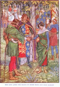 De koning verbindt de handen van Robin Hood en Maid Marian, c.1920