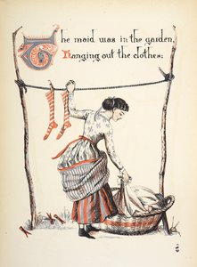 Het dienstmeisje was in de tuin de was aan het ophangen. door Walter Crane
