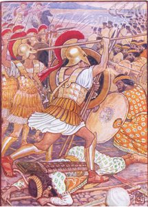 Ze botsten met enorme kracht op het Perzische leger, illustratie uit Het Verhaal van Griekenland, 1930s door Walter Crane