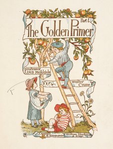 Titelpagina voor de Gouden primer. Een kind staat op een ladder en plukt appels van een boom.