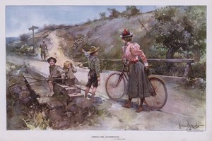 Vrouw die een groep kinderen om de weg vraagt tijdens een fietstocht door Walter Granville Smith