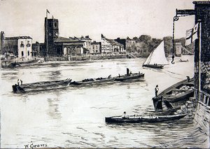 Oude Kerk van Chelsea vanuit Battersea door Walter Greaves