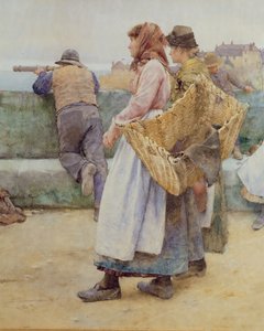 In een Cornish vissersdorp: Vertrek van de vloot naar het noorden, detail van twee visvrouwen (detail)