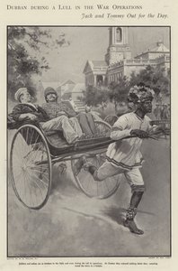 Britse matroos en soldaat maken een rit in een riksja door de straten van Durban tijdens een pauze in de gevechten in de Boerenoorlog (litho)