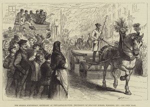 De George Stephenson-eeuwfeest in Newcastle-on-Tyne, processie van trekpaarden, wagens, enz.