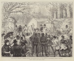 De staat van Ierland, boeren stoppen de Reloare-jacht bij de poort van de markies van Drogheda, in Kildare