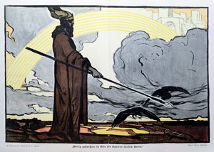 Odin met zijn twee raven, Hugin (gedachte) en Munin (geheugen) door Walter Puttner