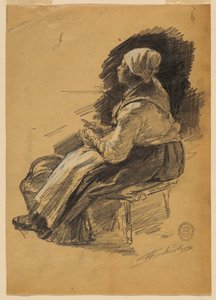 Studie van een vrouw die aardappelen schilt door Walter Shirlaw